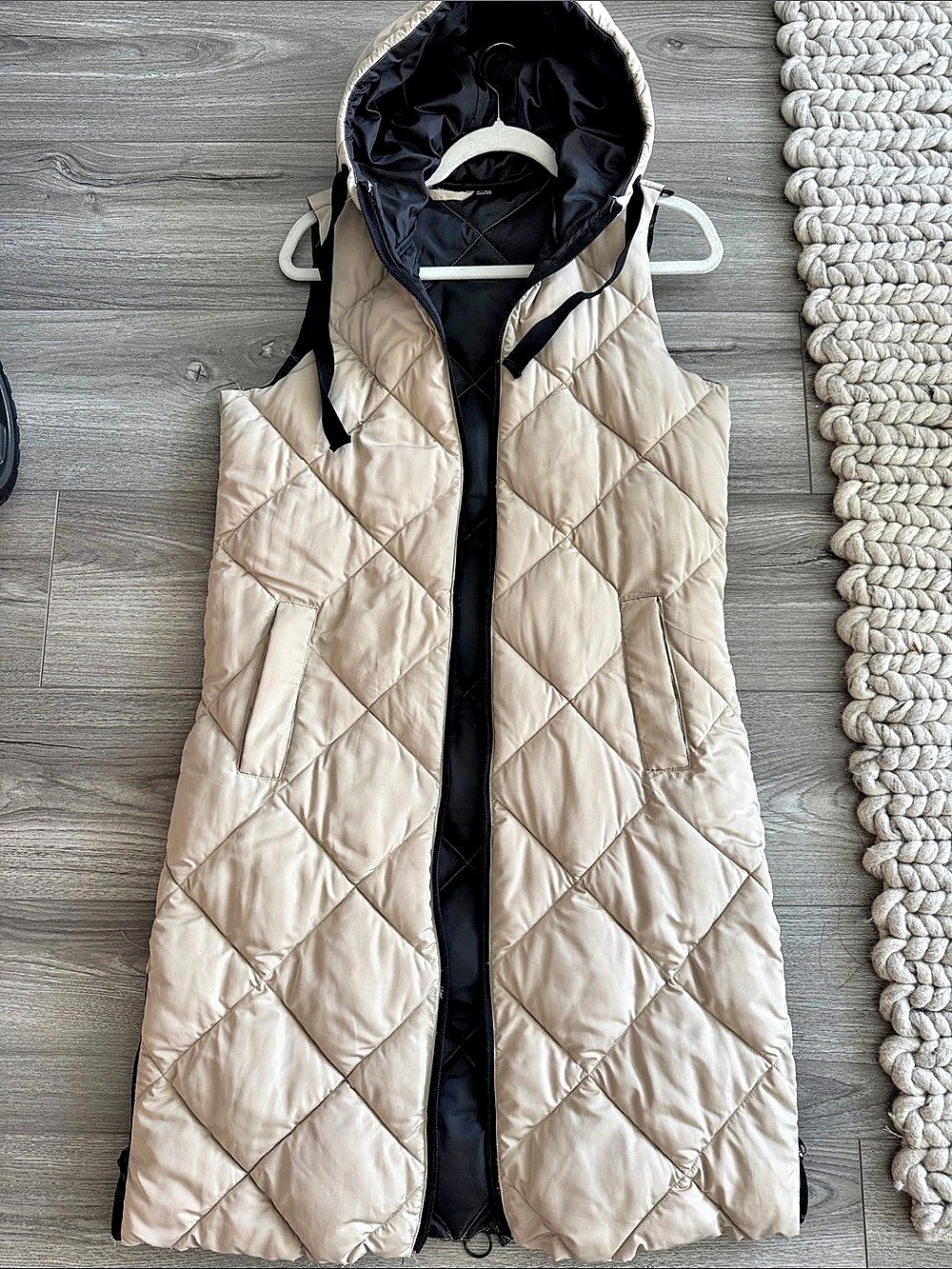 European Quilted long Hooded Vest in Cream Size Medium